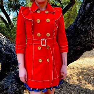 Poppy red pea coat with ruffles